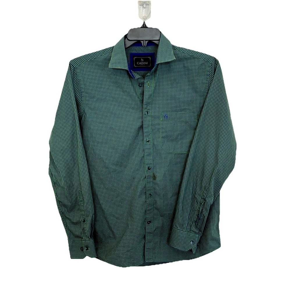 Cadini Italy Long Sleeve Mens L, Casual Cotton Shirt Soft Grn/Blu Check Preppy